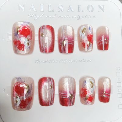 10Pcs Red Gradient French Fake Nails Silver Line Press on Nails Short Square Glitter False Nails with Designs Glossy Reusable Acrylic Glue on Nails for Women Summer Nail Art Supplies