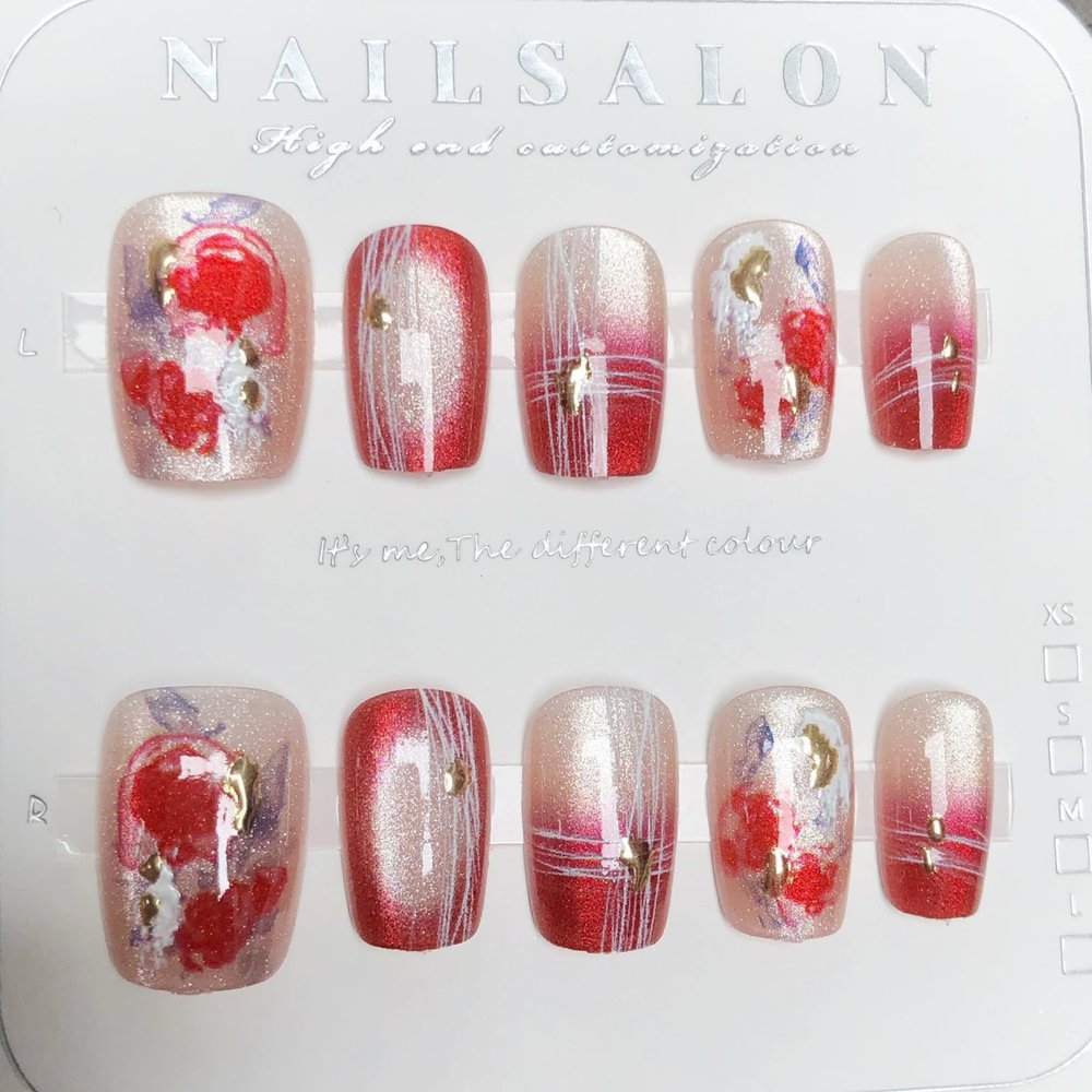 10Pcs Red Gradient French Fake Nails Silver Line Press on Nails Short Square Glitter False Nails with Designs Glossy Reusable Acrylic Glue on Nails for Women Summer Nail Art Supplies