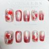 10Pcs Red Gradient French Fake Nails Silver Line Press on Nails Short Square Glitter False Nails with Designs Glossy Reusable Acrylic Glue on Nails for Women Summer Nail Art Supplies view 1