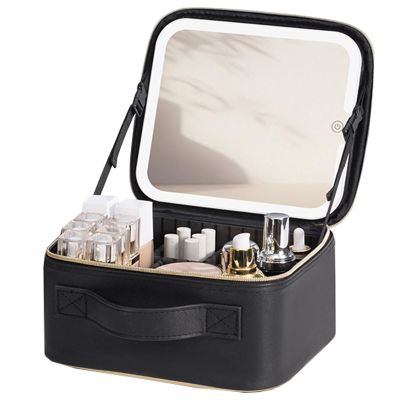 EHCBFCVN Black And Gold Multi-coloured Makeup Storage Box, Large Capacity Makeup Tool Box, Three-colour LED Mirror With Light, Removable Dividers(Small)