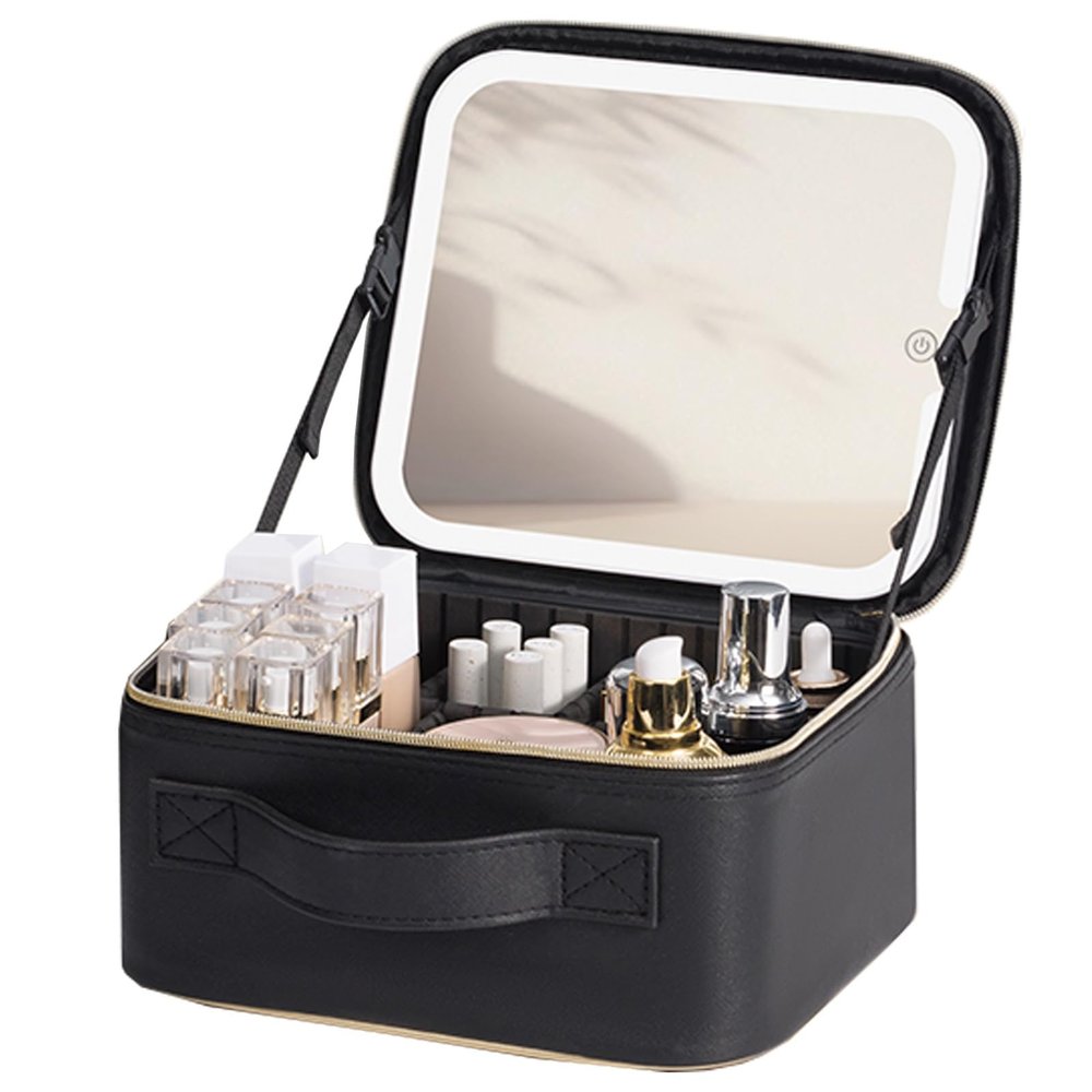 EHCBFCVN Black And Gold Multi-coloured Makeup Storage Box, Large Capacity Makeup Tool Box, Three-colour LED Mirror With Light, Removable Dividers(Small)