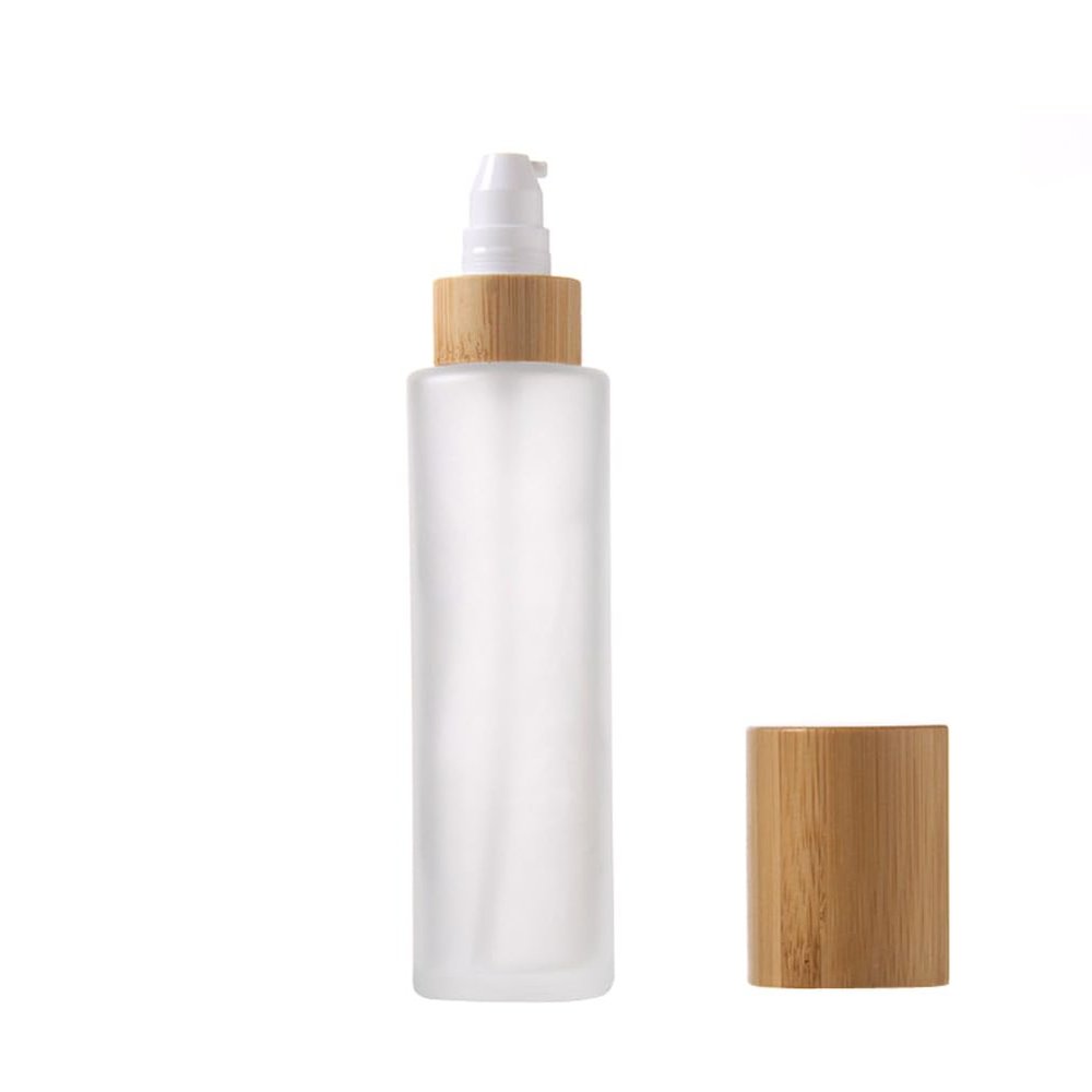 120ML/4OZ Frosted Glass Lotion Pump Bottle with Wood Grain Cap Translucent Refillable Soap Dispenser Makeup Cosmetic Storage Container Vials for Cream Emulsion Shampoo Essential Oil