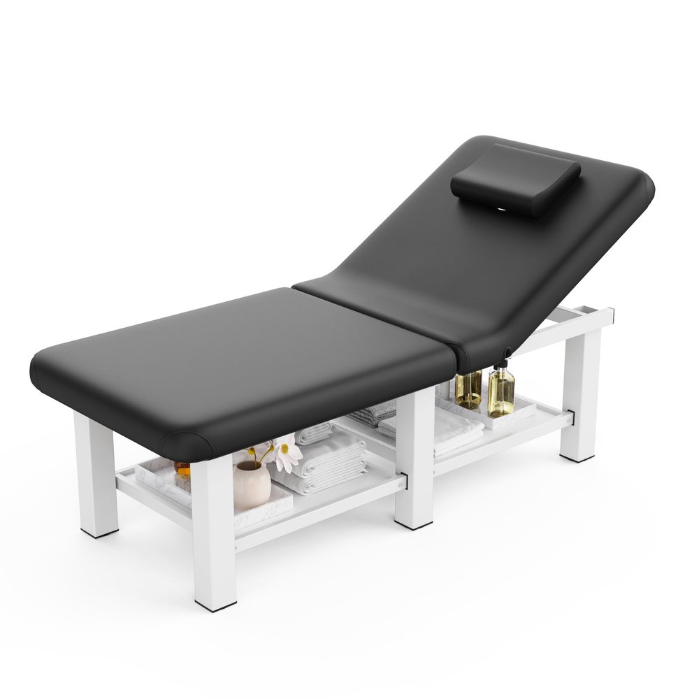 Folding Stationary Massage Table with Backrest and Storage Space for Treatment Table Physical Therapy Table Spa Facial Bed, 6 Square legs Metal Frame PU Leather, 30.5'' Wide 75'' Long - Black