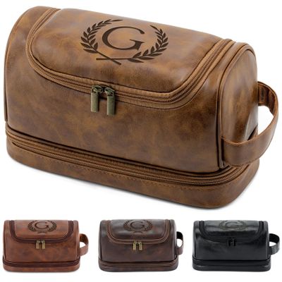 Aganmi Mens Toiletry Bag Travel Essentials Personalized Monogrammed Initial Gifts for Him, Teacher Coach Appreciation Retirement Thank You Gifts Shaving Bag for Toiletries Accessories, Light Brown G