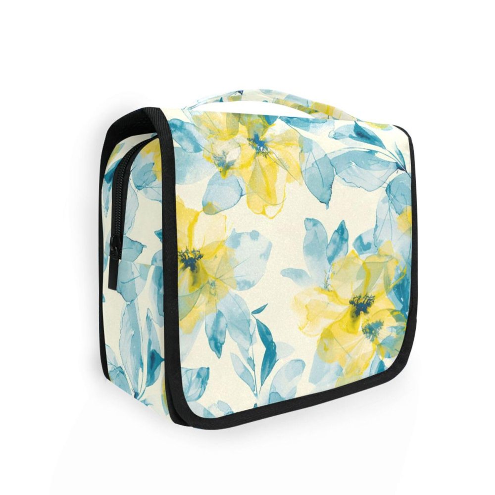 Abstract Watercolor Flower Lemon Yellow Light Bluravel Toiletry Bag for with Hanging Hook Waterproof Make up Bags Backpacking
