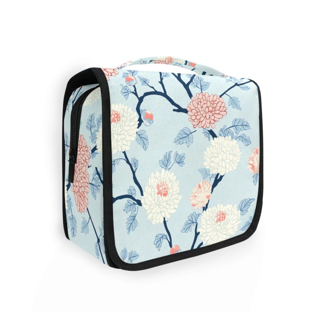 Chrysanthemum Flowers Light Bluravel Toiletry kit with Hanging Hook Chic kit Bag Vacation