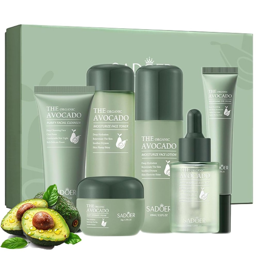 6pcs Avocado Skincare Set, Skin Care Gift Set with Facial Cleanser, Toner, Lotion, Face Serum, Face Cream, Eye Cream For Hydrating Skin Anti-Aging Skin For Women Men