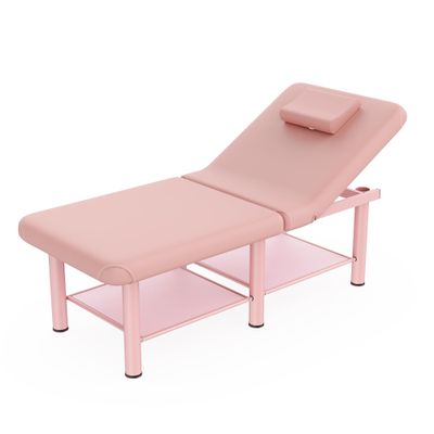 Folding Stationary Massage Table with Backrest and Storage Space for Treatment Table Physical Therapy Table Spa Facial Bed, 6 Round legs Metal Frame PU Leather, 30.5'' Wide 75'' Long - Pink
