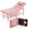 Folding Stationary Massage Table with Backrest and Storage Space for Treatment Table Physical Therapy Table Spa Facial Bed, 6 Round legs Metal Frame PU Leather, 30.5'' Wide  75'' Long - Pink view 2