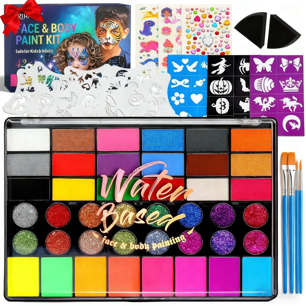 Professional Face Painting Kit  42 Color Water-Activated Face Paint Makeup Palette with Stencils, Gems & Brushes  Non-Toxic Body Paint for Parties, Festivals, School Events & Carnival