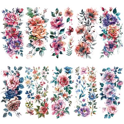 10 Sheet Color Flower Temporary Tattoo for Women Arm Thigh, Realistic Large Sexy Colorful Floral Fake Tattoo Sticker Adult Girl, Vivid Peony Temp Tatoo Leg Chest Body
