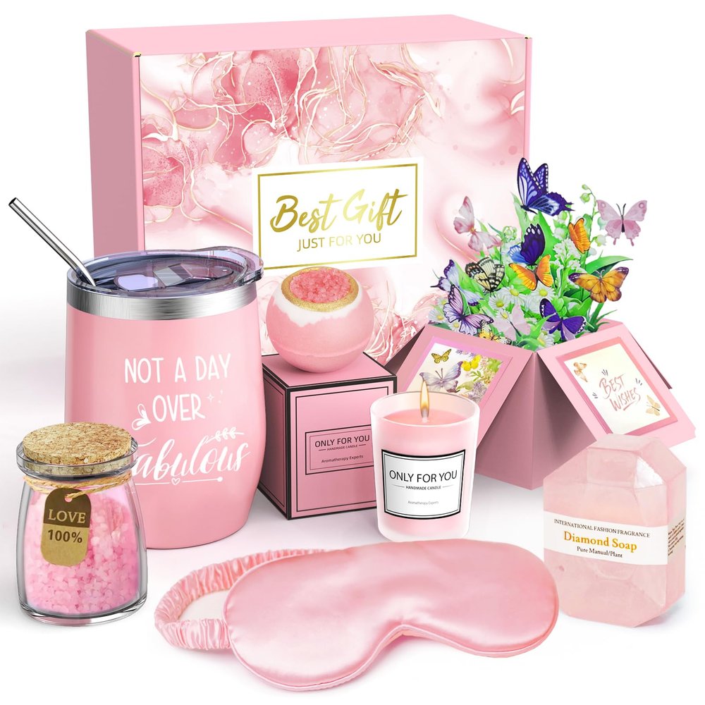 Christmas Spa Gift Basket with Bath Essentials- Pink Rose Relaxation Kit Set, Birthday Spa Items Box for Women, Wife, Mom, Sister, Mom, Her, Friends