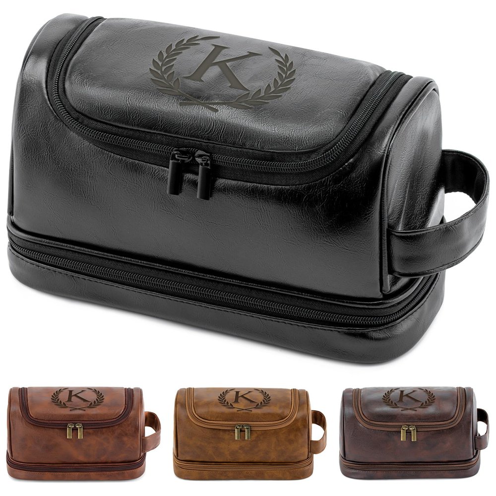 Aganmi Personalized Travel Toiletry Bag for Men, Custom Initial Shaving Bag Christmas Birthday Retirement Gifts for Men Dad Husband Grandpa Coworker Employee Friend Teacher Coach, Black K