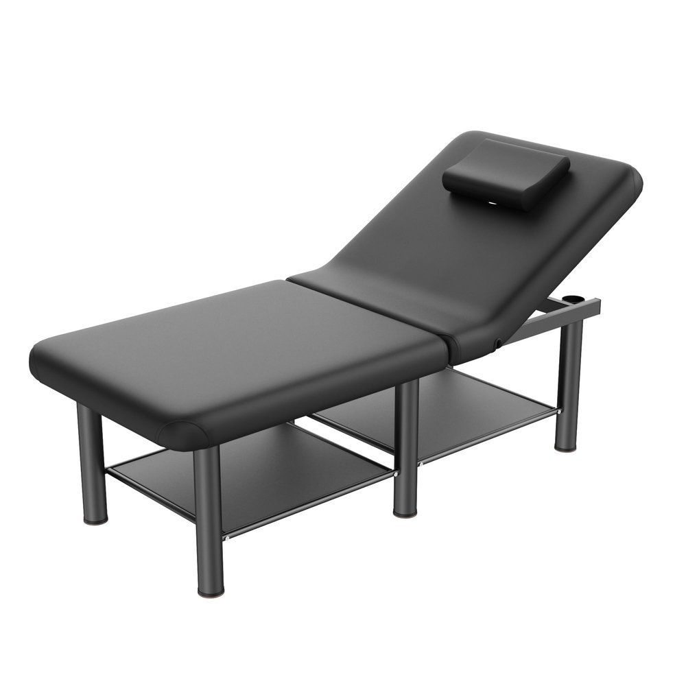 Folding Stationary Massage Table with Backrest and Storage Space for Treatment Table Physical Therapy Table Spa Facial Bed, 6 Round Legs Metal Frame PU Leather, 30.5'' Wide 75'' Long - Black