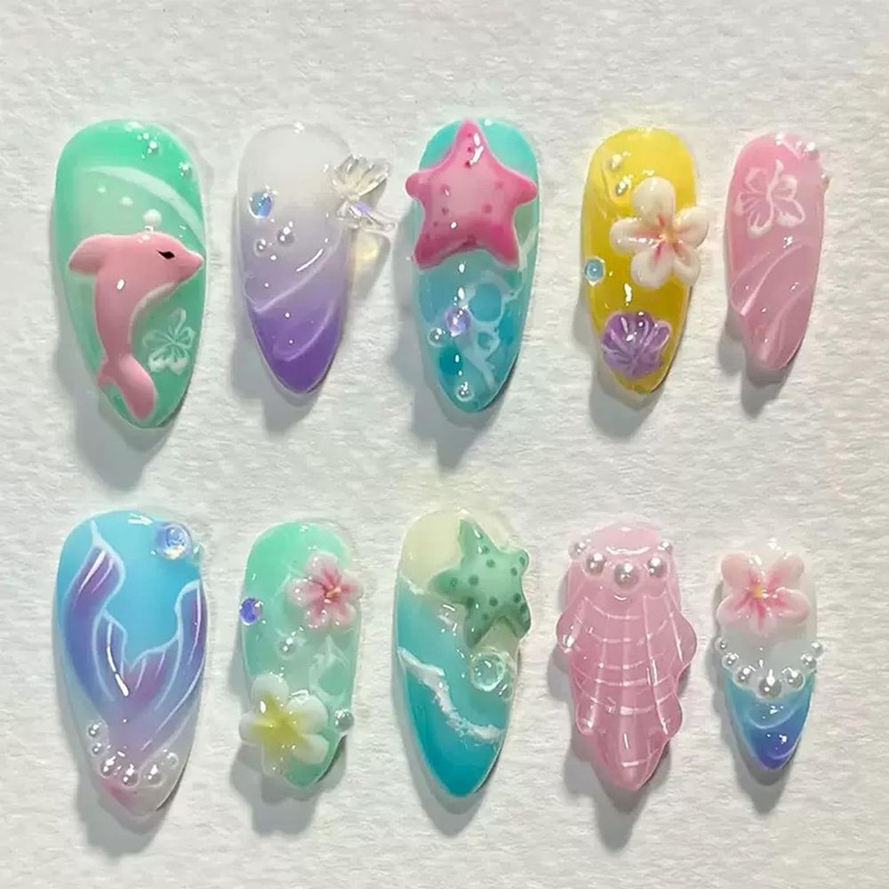 30Pcs Summer Sea Life Press on Nails Medium Almond Starfish Flower Colored Fake Nails Pearl Shell Glue on Nails Glossy Reusable Acrylic Nails for Women Beach Nail Art Supplies
