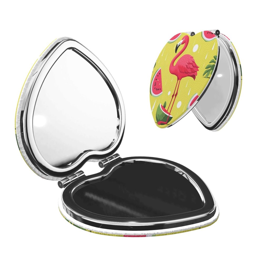 KKLWEGU Pink Flamingo and Watermelon Compact Pocket Mirror,1x/2x Cosmetic Mirror Portable Folding Handheld Mirrors Portable Travel Makeup Mirror for Women Girls