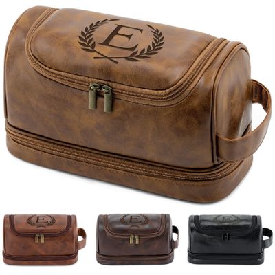 Aganmi Personalized Gifts Travel Toiletry Bag for Men, Engraved Initial PU Leather Waterproof Shaving Bag, Groomsmen Present Christmas Birthday Gifts for Men Dad Husband Son Boyfriend, Light Brown E