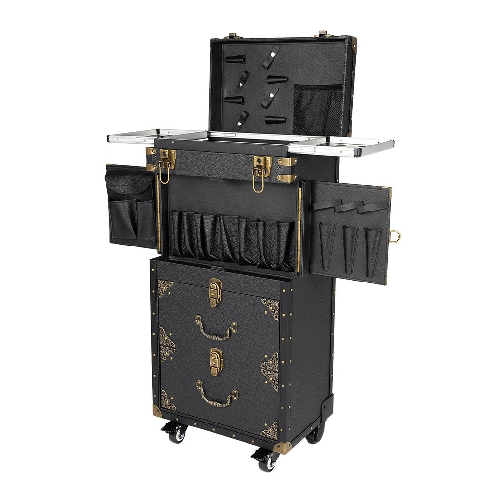 DELOPVIO Salon Rolling Trolley Cart, Spa Beauty Luggage Hairdressing Barber Tool Bag, Travel Organizer Tool Box with Hair Dryer Holder, Multi Functional Classified Storage, 3 Drawers