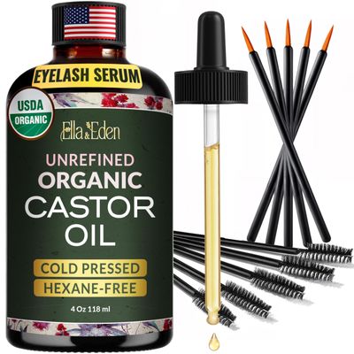 Ella & Eden Organic Castor Oil for Eyelashes - 4 Fl Oz Glass Bottle Lash Serum - for Eyebrows, for Hair Growth - Cold-Pressed Hexane-Free USDA Certified 100% Pure Unrefined