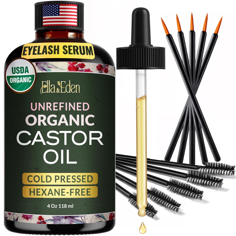 Ella & Eden Organic Castor Oil for Eyelashes - 4 Fl Oz Glass Bottle Lash Serum - for Eyebrows, for Hair Growth - Cold-Pressed Hexane-Free USDA Certified 100% Pure Unrefined