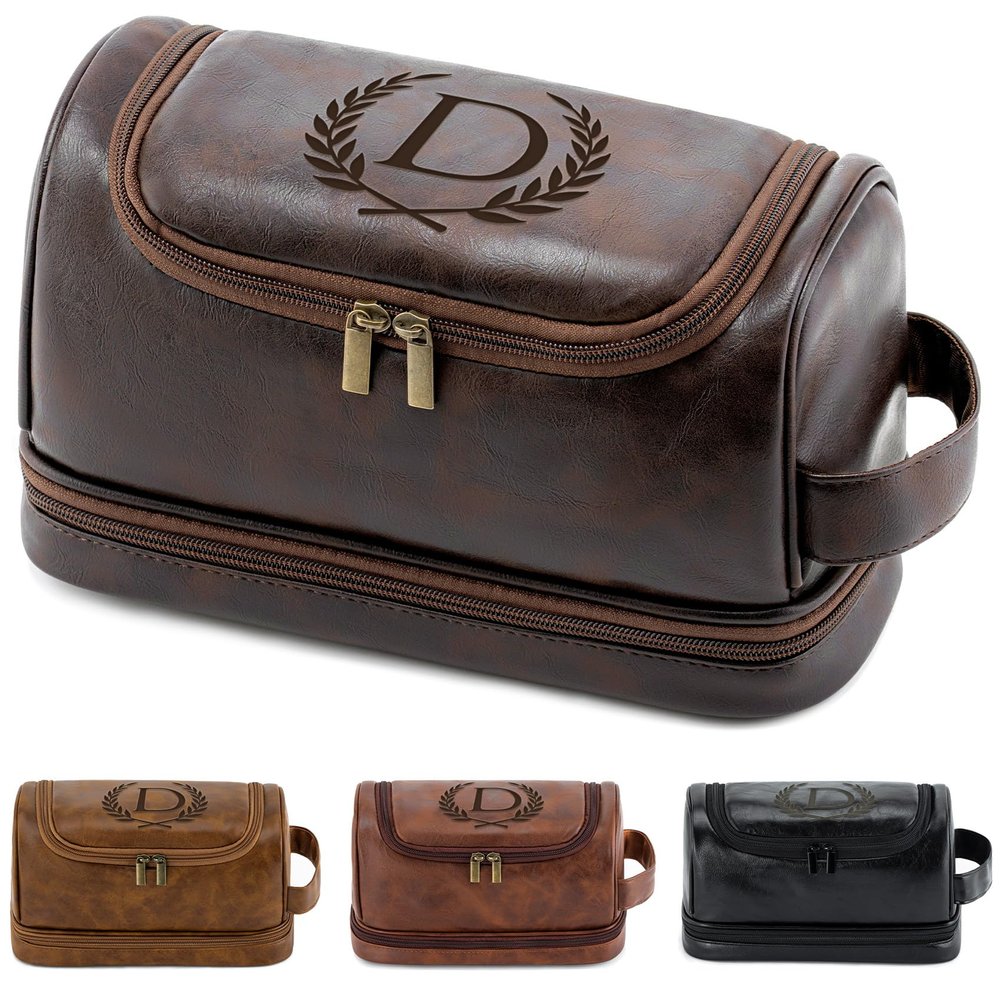 Aganmi Engraved Initial Travel Toiletry Bag 21st 30th 40th 50th 60th 70th 75th 80th Birthday Gifts for Men Him, PU Leather Shaving Bag Gift for Dad Husband Boyfriend Brother Grandpa, Dark Brown D