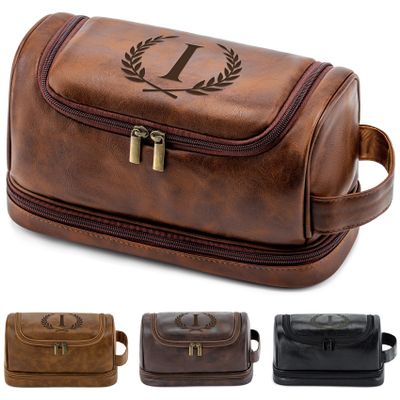Aganmi Personalized Gifts Travel Toiletry Bag for Men, Engraved Initial PU Leather Waterproof Shaving Bag, Groomsmen Present Christmas Birthday Gifts for Men Dad Husband Son Boyfriend, Reddish Brown I
