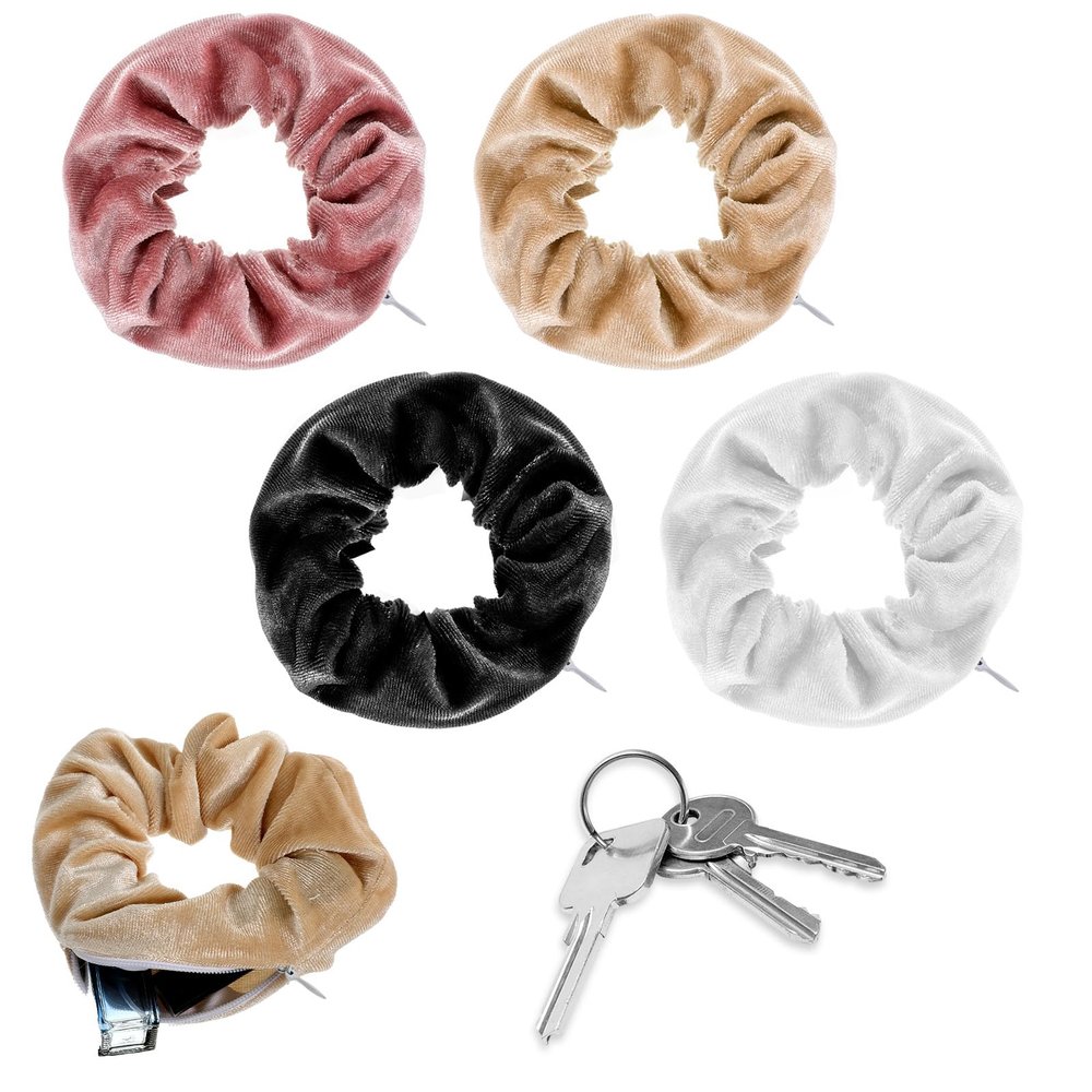 Nogeqi 4PCS Stash Scrunchie with Zipper Pocket, Velvet Hidden Pocket Scrunchies, Large Ponytail Holder Scrunchy Hair Ties for Women Girls (Multi Colors)