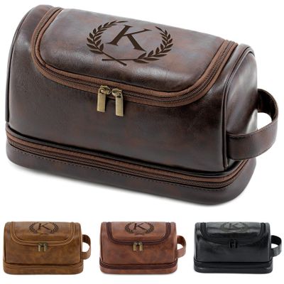 Aganmi Personalized Travel Toiletry Bag for Men, Custom Initial Shaving Bag Christmas Birthday Retirement Gifts for Men Dad Husband Grandpa Coworker Employee Friend Teacher Coach, Dark Brown K