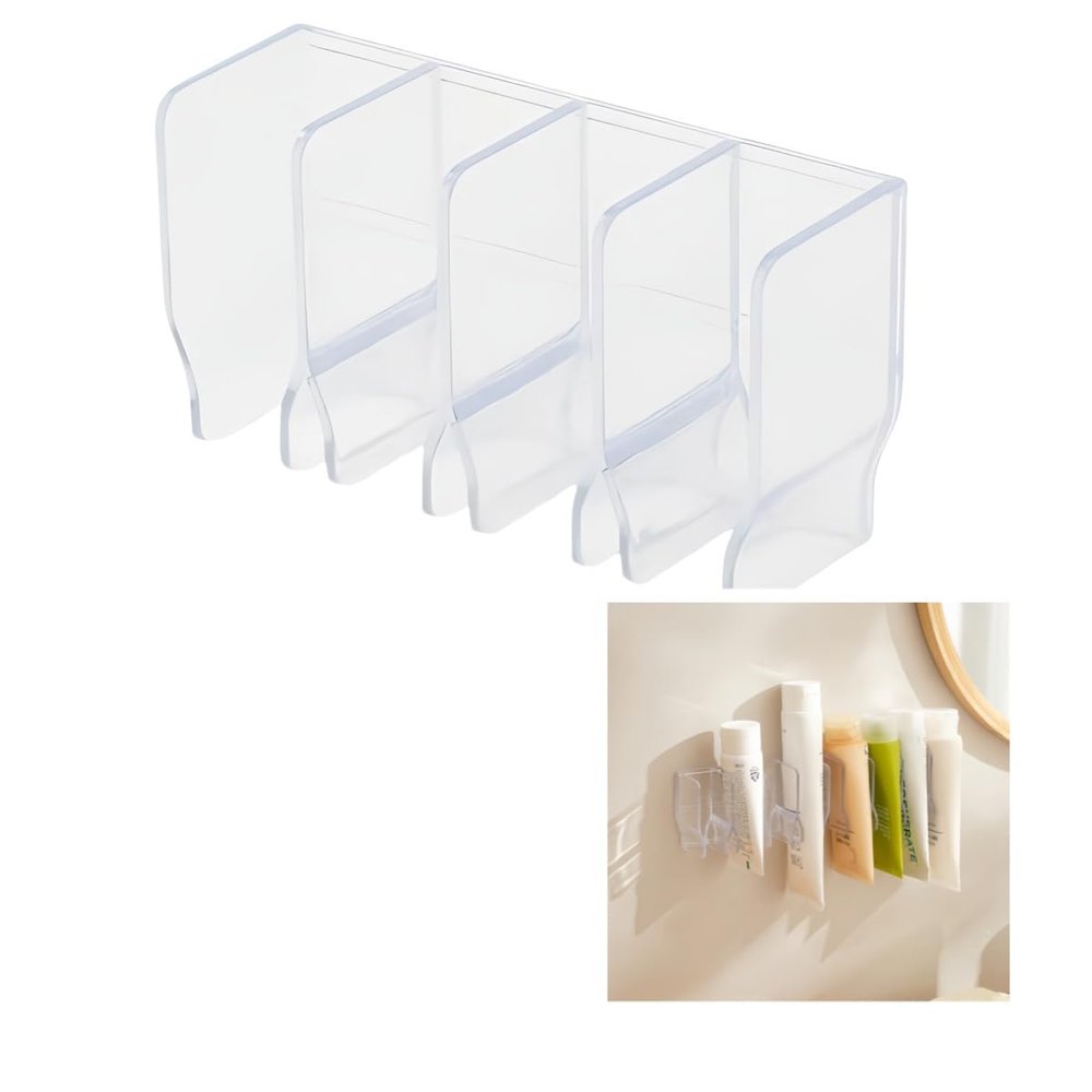 2pcs Punch-Free Storage Rack Toiletries Clips Self Adhesive Wall Mounted for Toothpaste Facial Cleanser Cosmetics Skincare, Free Stand Desktop Bathroom Kitchen Toilet Organize Rack (Transparent)
