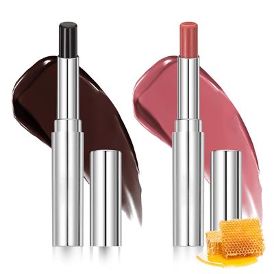 2PCS Honey Lipstick Tinted Lip Balm Set,Moisturizing Glossy Honey Lipstick,Hydrating Tinted Lip Balm,Say Goodbye to Dry Lips,Suitable for All Skin Tones (Black and Pink).