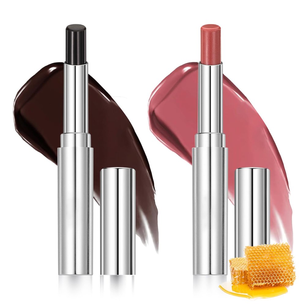 2PCS Honey Lipstick Tinted Lip Balm Set,Moisturizing Glossy Honey Lipstick,Hydrating Tinted Lip Balm,Say Goodbye to Dry Lips,Suitable for All Skin Tones (Black and Pink).