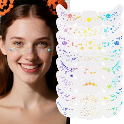 8PCS Halloween Glitter Freckles Face Tattoo, Sparkle Freckles for Women and Kids, Cute Star Waterproof Gold Temporary Face Tattoos Glitter Glow Up Patches (8PCSC Holographic Multicolor)