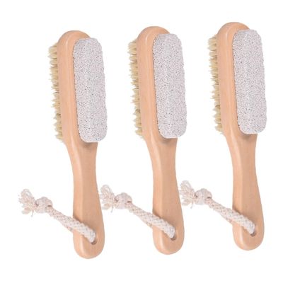 BELLIFFY 3pcs Dual-Sided Foot Exfoliator Brush with Pumice Stone Ergonomic Wooden Handle for Dead Skin Removal and Callus Foot Scrubbing and Pedicures