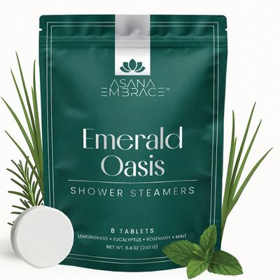 Asana Embrace Emerald Oasis Shower Steamers 8-Pack, Lemongrass Eucalyptus Rosemary Mint, Aromatherapy Tablets for Stress Relief, Sinus Relief, Vegan, Natural Spa Fizzies, Paraben-Free, Adult, 8 Count