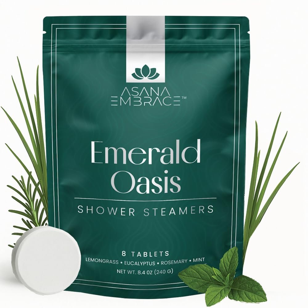 Asana Embrace Emerald Oasis Shower Steamers 8-Pack, Lemongrass Eucalyptus Rosemary Mint, Aromatherapy Tablets for Stress Relief, Sinus Relief, Vegan, Natural Spa Fizzies, Paraben-Free, Adult, 8 Count