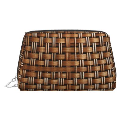Silver Leather Makeup Bag Wicker Woven Grid Print Travel Cosmetic Bags with Handle, Divider, Zipper, Portable Personal Toiletries