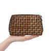 Silver Leather Makeup Bag Wicker Woven Grid Print Travel Cosmetic Bags with Handle, Divider, Zipper, Portable Personal Toiletries view 3