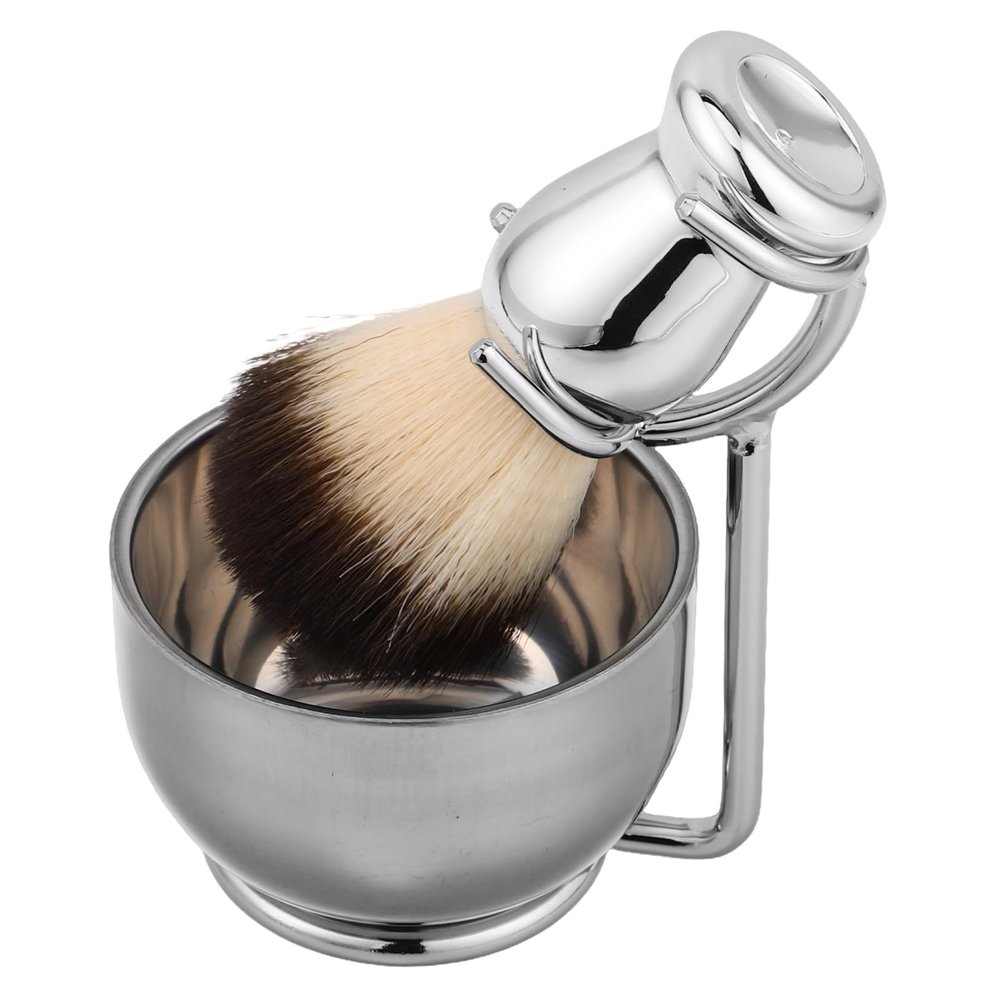 Beavorty Men's 3-Piece Shaving Brush Set with Nylon Brush Razor Stand and Stainless Steel Bowl Complete Wet Shaving Kit for