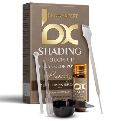 BROWSXPERT Professional Shading Touch-Up Kit  Herbal Henna Color Powder with Mixing Dish, Stir & Brush + Follow Instructions | 3.5g | Natural Deep Dark Brown