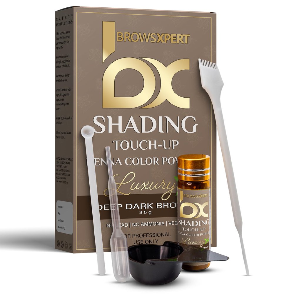 BROWSXPERT Professional Shading Touch-Up Kit  Herbal Henna Color Powder with Mixing Dish, Stir & Brush + Follow Instructions | 3.5g | Natural Deep Dark Brown