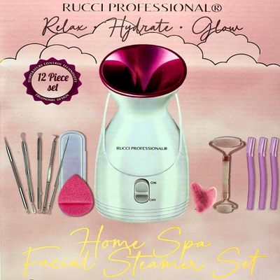 Facial Home Steamer Set - Includes 1 Nano Ionic Facial Steamer + 1 Gua Sha Tool + 1 Jade Roller + 3 Facial Razors + 1 Facial Sponge + 5pc Blemish & Blackhead Extractor