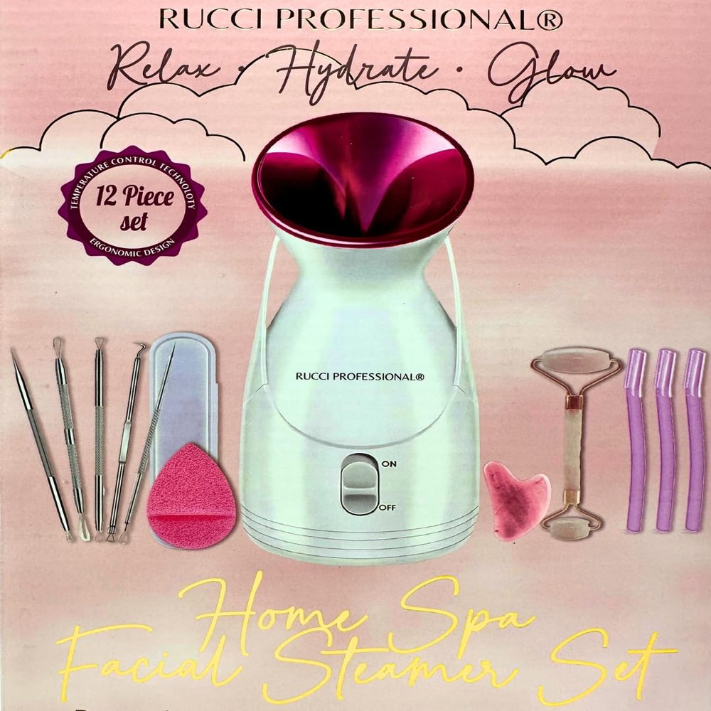 Facial Home Steamer Set - Includes 1 Nano Ionic Facial Steamer + 1 Gua Sha Tool + 1 Jade Roller + 3 Facial Razors + 1 Facial Sponge + 5pc Blemish & Blackhead Extractor