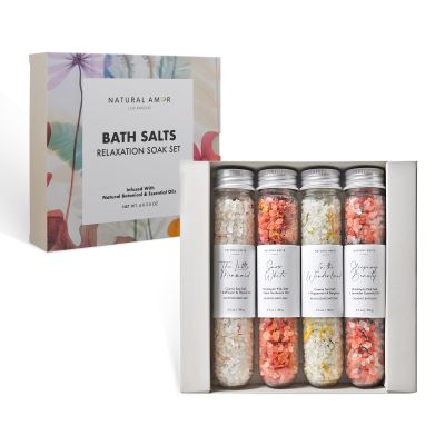 Natural Amor Natural Bath Salt Gift Set  4 Pack Tubes with Sea Salt, Dried Flowers & Essential Oils  Lavender, Rose, Peppermint, Herbal  Relaxing Soak, Spa Gift for Women