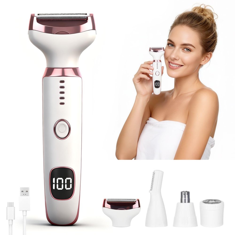 Beanify Wet & Dry Electric Razor for Women Men,4 in 1 Rechargeable Led Display Electric Shaver and Facial Hair Remover,Painless Ladies Body Razors for Nose Face Body Leg Bikini Arm Hair