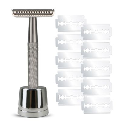 Double Edge Safety Razor with 10 Blades and Stand, Single Blade Razors for Men and Women, Long and Heavy Duty Stainless Steel Handle, Smooth Close Gentle Shave, Silver