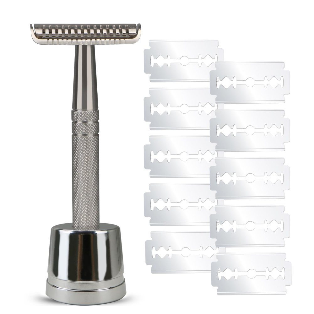 Double Edge Safety Razor with 10 Blades and Stand, Single Blade Razors for Men and Women, Long and Heavy Duty Stainless Steel Handle, Smooth Close Gentle Shave, Silver