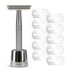 Double Edge Safety Razor with 10 Blades and Stand, Single Blade Razors for Men and Women, Long and Heavy Duty Stainless Steel Handle, Smooth Close Gentle Shave, Silver view 1