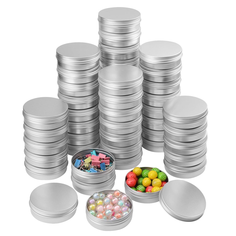 Biugaaufai 48 Pcs 4 Ounce Aluminum Tins with Screw Tops, Round metal tin with Screw Lids, 4 oz Round Cans with Lid for Cosmetics, Lip Balm, Spices, and More(silvery)