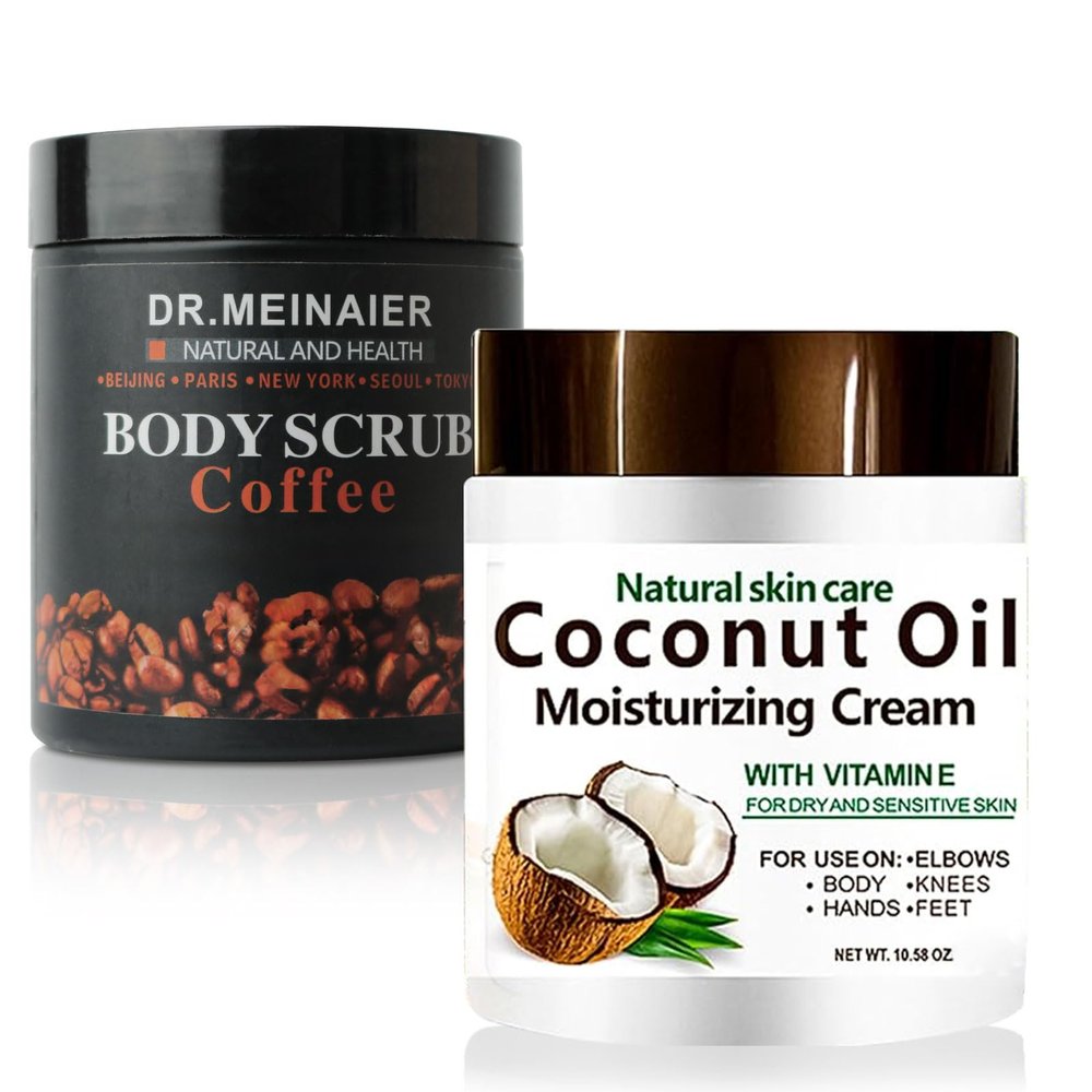 Coconut Oil Moisturizing Cream & Arabica Coffee Scrub Set  Nourishing Coconut Face Cream & Body Exfoliator  2-Piece Skin Care Combo for Smooth, Soft Skin