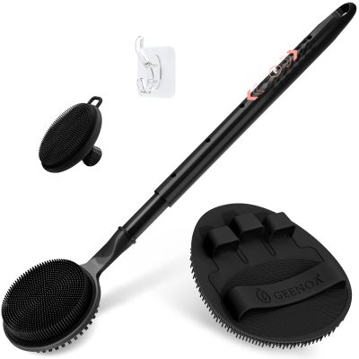 GEENOA Silicone Back/Face Scrubber & Soft Bath Glove 3PCS, 16''- 24'' Extendable Shower Back Scrubber, 360 Anti-Slip & Hand-fit Silicone Bath Glove, Manual Face Brush for All-Round Cleaning(Black)